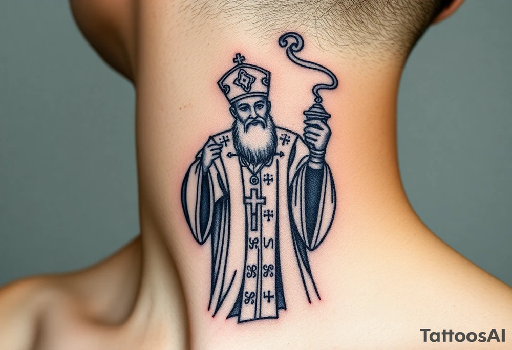 Russian Orthodox Priest in fully detailed vestment swinging a censer with smoke curling upward tattoo idea