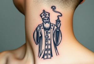 Russian Orthodox Priest in fully detailed vestment swinging a censer with smoke curling upward tattoo idea