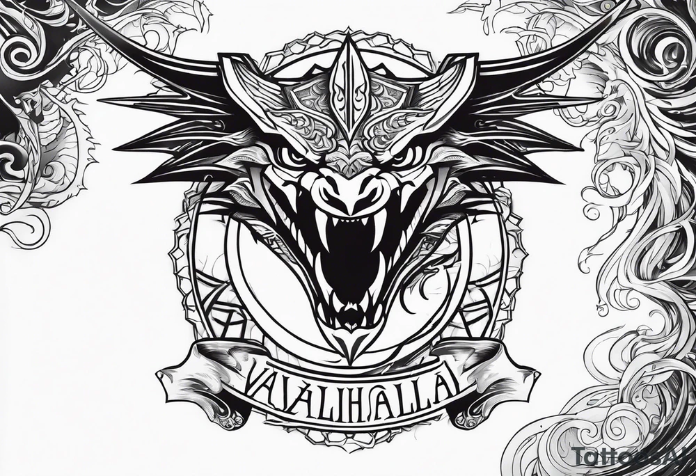 Valhalla sword shield dragon head tattoo idea