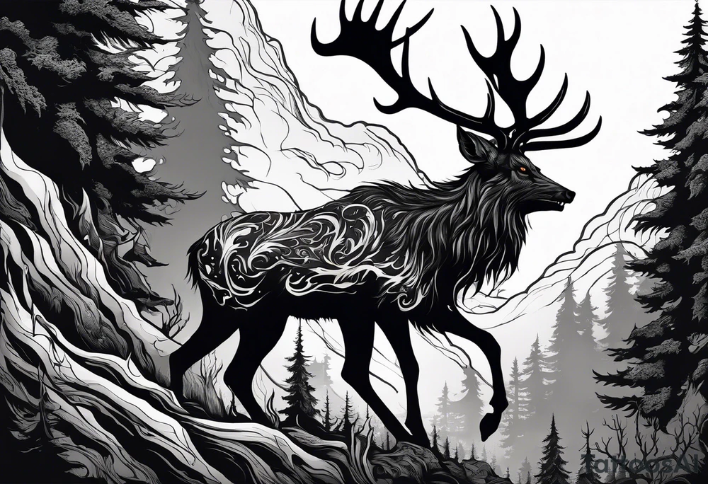 A spooky rotting bone lore accurate wendigo side profile surrounded by a forest fire in background tattoo idea