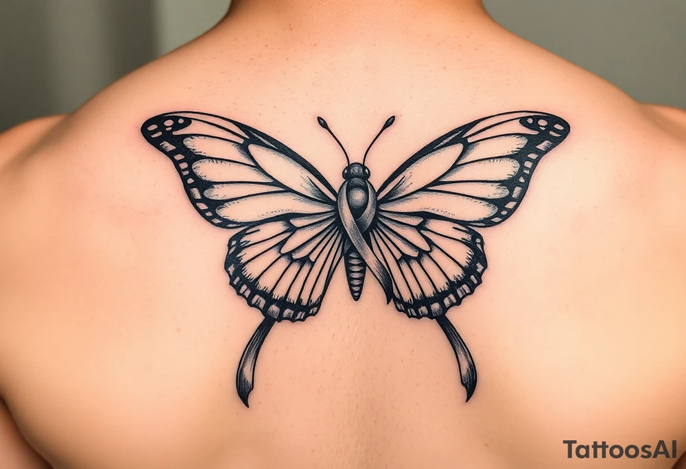 ethereal butterfly with flowing silk HIV-positive symbol ribbons in moonlight tattoo idea