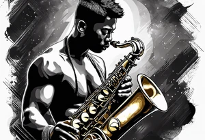 Muay Thai boxer with strong body is playing jazz on a Selmer tenor saxophone in a jazz club front of a jazz trio band. The notes are coming out from the saxophone and turning into buddhist symbols. tattoo idea