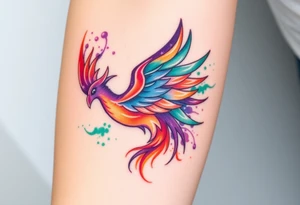 Phoenix with blazing flames with purple, orange, teal and green splashes tattoo idea