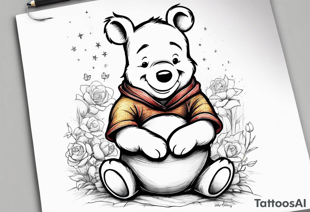 Winnie the Pooh with the words “ never alone always lonely, Always have faith but not in god” tattoo idea