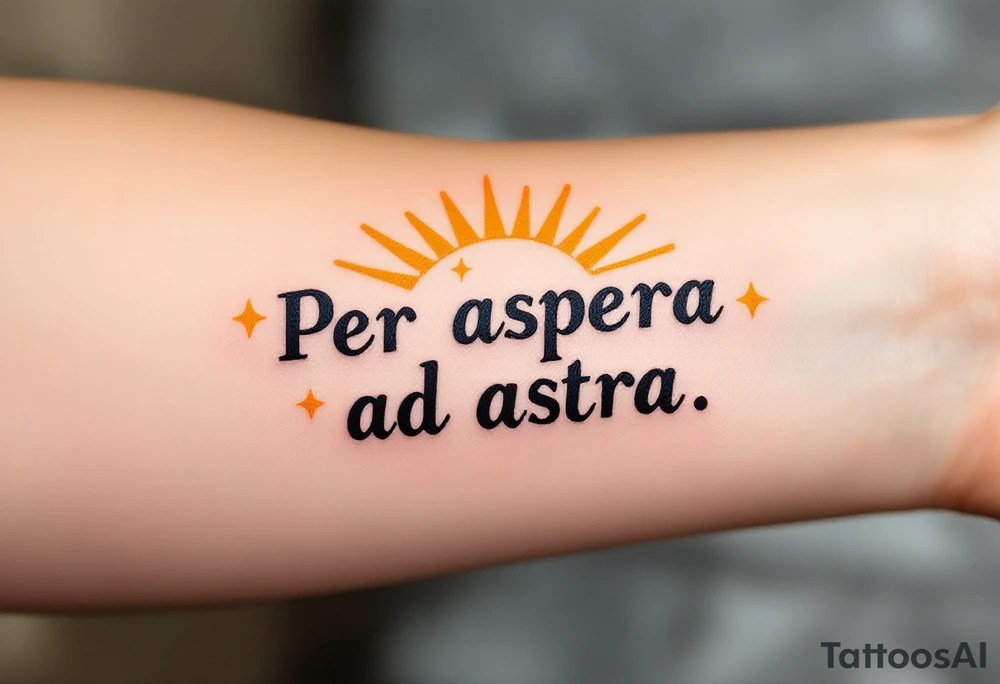 In bold blackletter font, the Latin quote "Per aspera ad astra"  blazes across a sunbeam backdrop of golden-yellow and fiery orange. tattoo idea