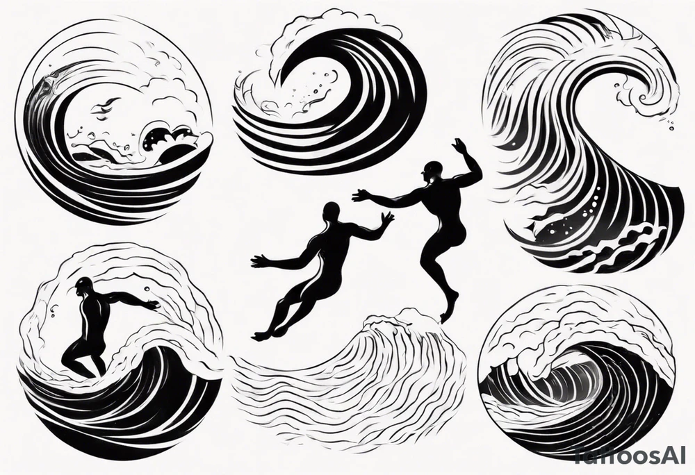 man swimming with waves. minimalist tattoo tattoo idea