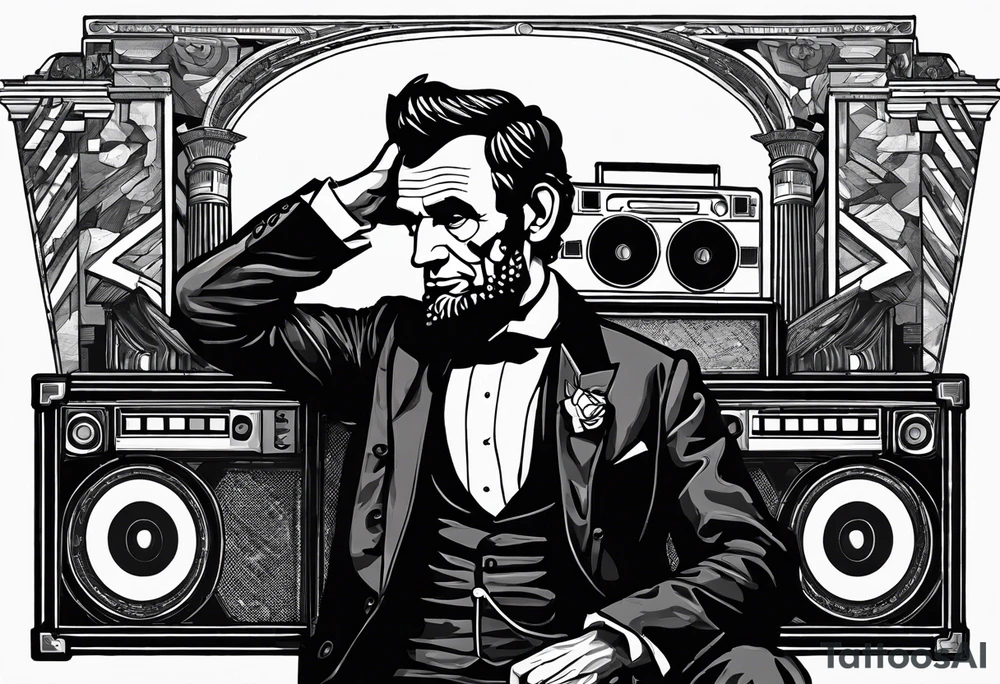 Abraham Lincoln in a suit jacket holding a boombox to his head tattoo idea