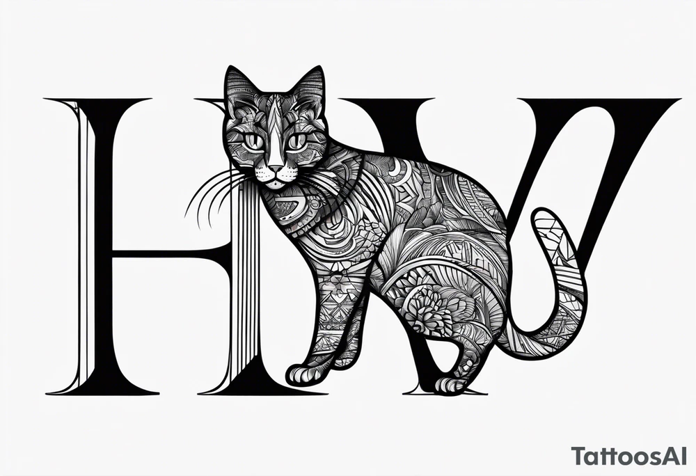 a walking cat with the letter W, I, T and 10 on its body as pattern tattoo idea