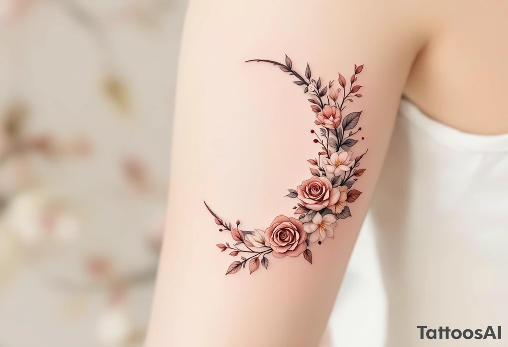 A crescent moon adorned with delicate roses and leaves, with the Virgo symbol subtly hidden within the floral design. This piece is done in dusty pink, beige, and soft brown, creating a warm, romantic, and timeless look. tattoo idea