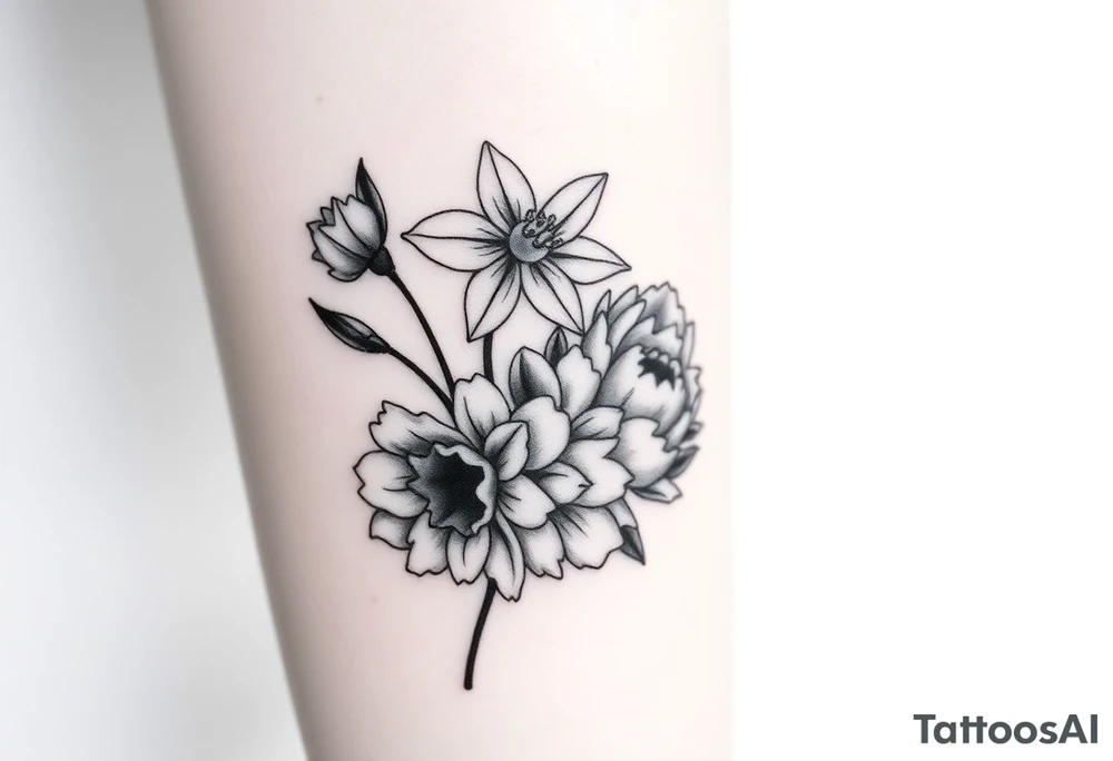 small daffodils, jonquils, chrysanthemum and peony in a bouquet tattoo idea