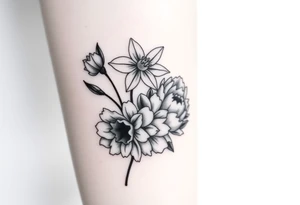 small daffodils, jonquils, chrysanthemum and peony in a bouquet tattoo idea