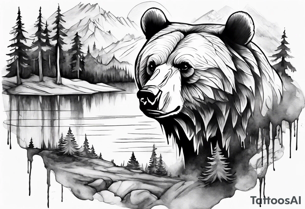 bear head right above the forest line with a lake below, full arm sleeve tattoo tattoo idea