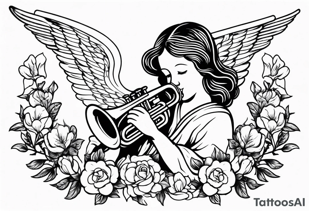 angel with trumpet
old school vintage simple traditional design with vintage flowers surrounding it tattoo idea