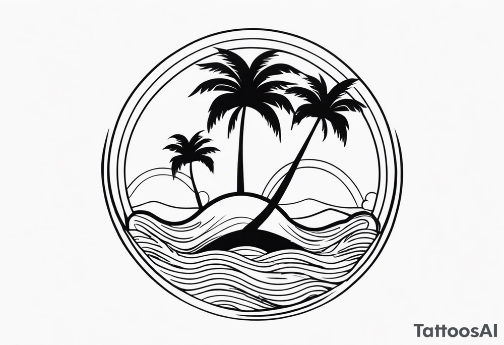 palm tree front of a sun and waves tattoo idea