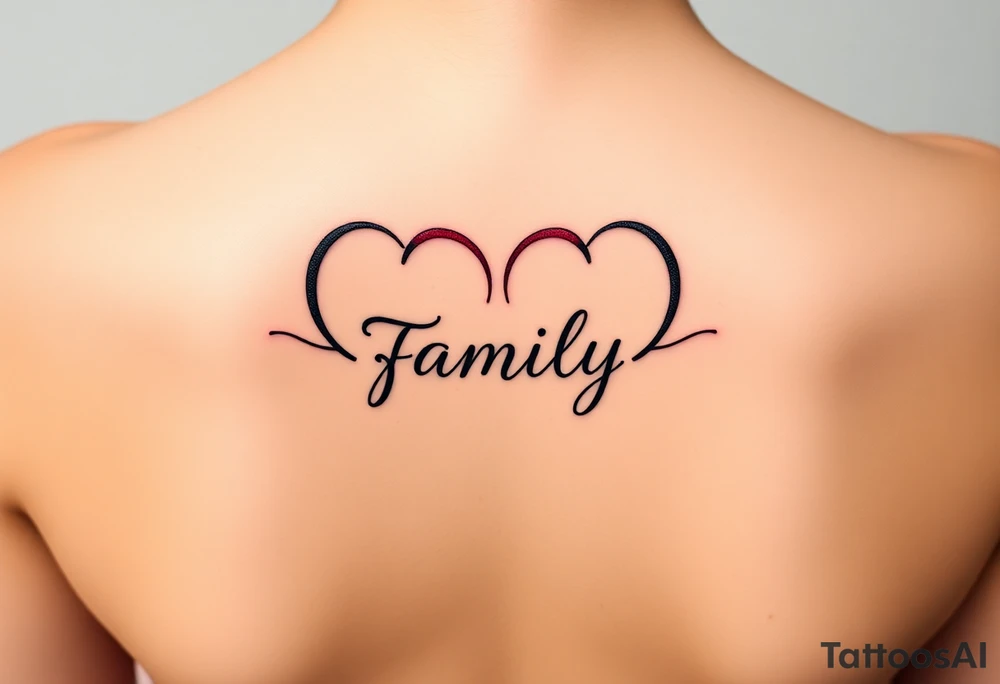 Colorful heart-shaped infinity symbol loop endings, and the word "family" elegantly placed at the center in a soft script tattoo idea