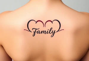 Colorful heart-shaped infinity symbol loop endings, and the word "family" elegantly placed at the center in a soft script tattoo idea