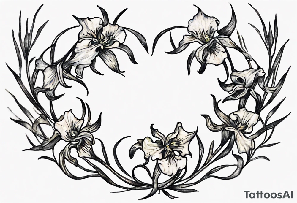 "Craft a petite yet exquisite Vincent van Gogh Irises tattoo, resembling a half wreath with vines gracefully intertwining at the center. The envisioned placement is on the upper chest, and the design should exude a delicate and artistic aesthetic, despite its smaller size." tattoo idea