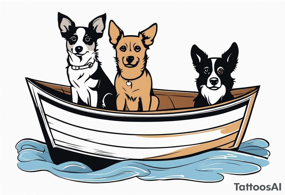 two dogs in a boat. One dog is tan with big ears like a chihuahua. The other dog is black and white and looks like an australian shepherd with floppy ears tattoo idea