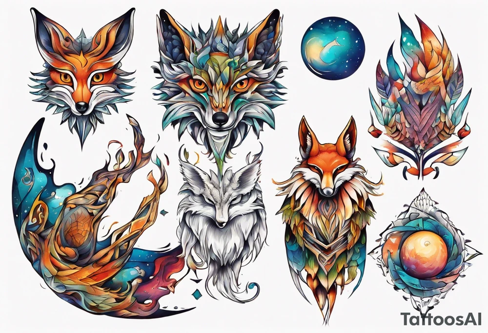 fisch, fuchs und eule , symetrie universum, bunt tattoo idea