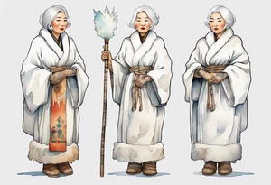 a 4middle aged Inuit woman with white hair and a white robe and white mittens and mukluks holding a plain white staff, standing on an iceberg tattoo idea