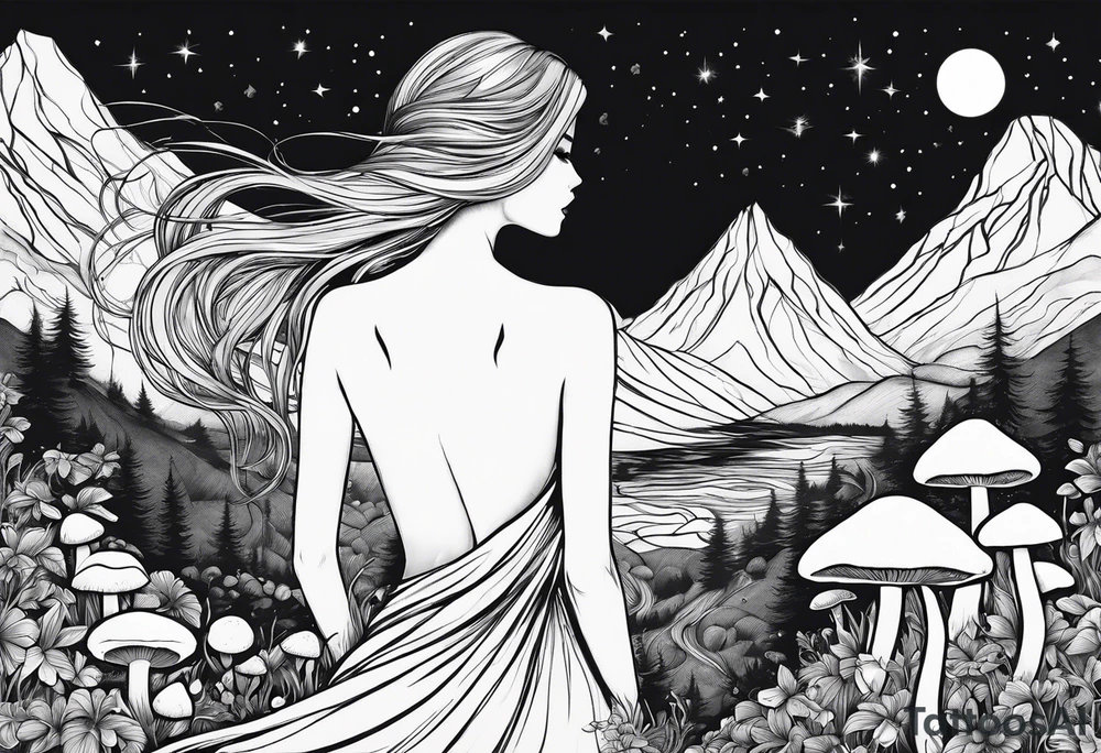 Straight blonde hair girl facing away mountains surrounded by mushrooms crescent moon tattoo idea