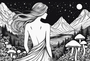 Straight blonde hair girl facing away mountains surrounded by mushrooms crescent moon tattoo idea