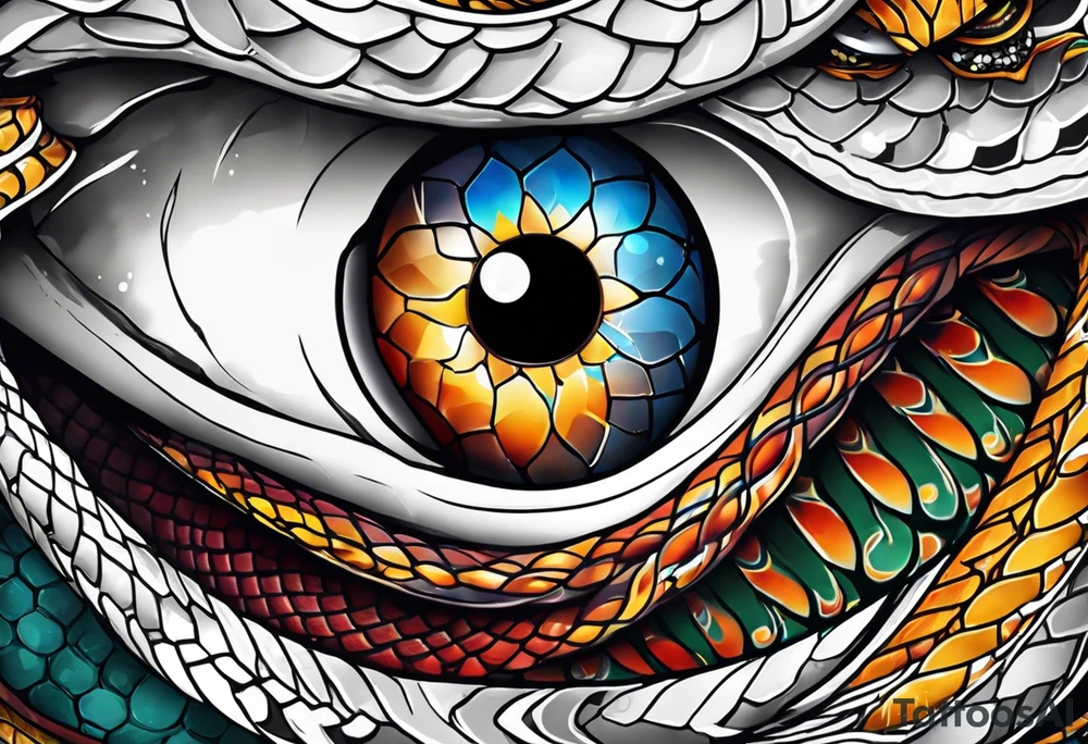 Snake with an evil eye in its mouth tattoo idea