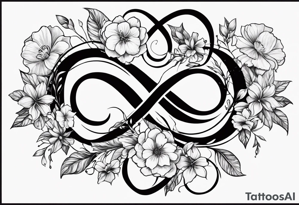 Infinity symbol with February, June, July and September birth flowers on one side and the date 8.30.1997 on the other side tattoo idea
