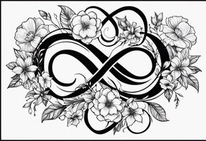 Infinity symbol with February, June, July and September birth flowers on one side and the date 8.30.1997 on the other side tattoo idea