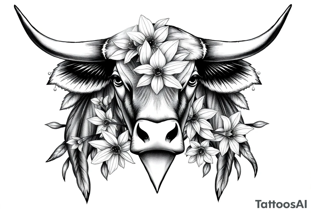 Bull with daffodils feminine tattoo idea
