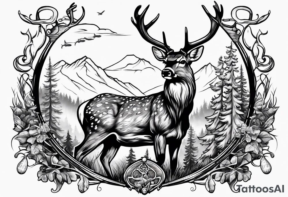 Deer, fishing, morel mushroom, crossbow, rifle & out door scenery tattoo idea