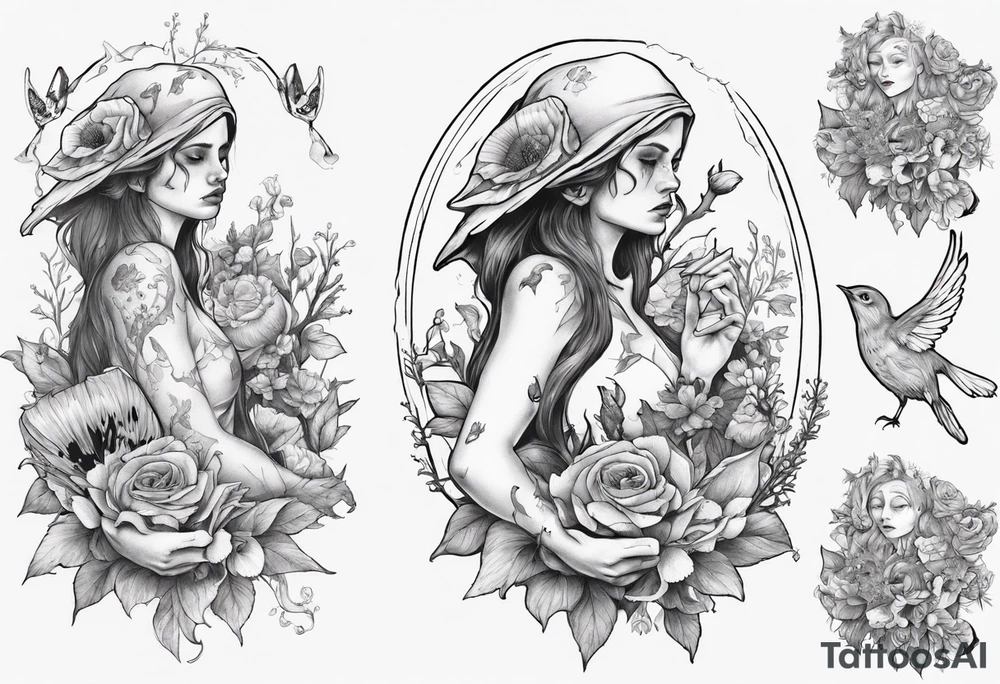 Elf carrying her dead bird in a flower medow tattoo idea
