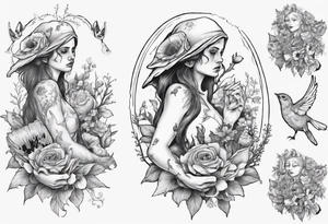 Elf carrying her dead bird in a flower medow tattoo idea