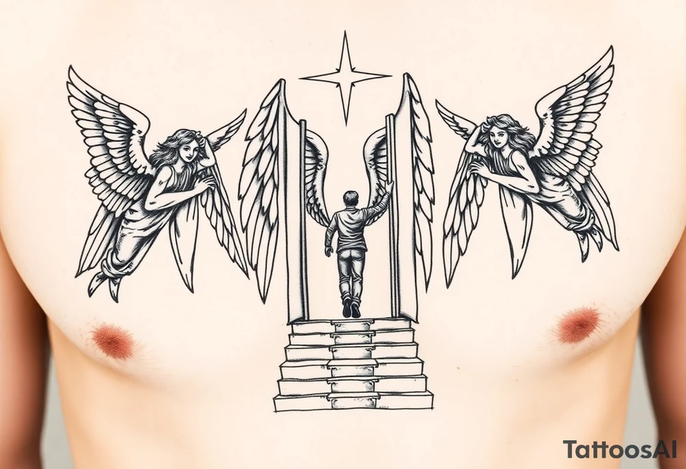 3 angels holding open the gates of heaven with the male figure walking up the steps.Saying fly high baby boy Realistic angels tattoo idea