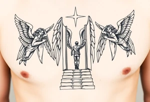 3 angels holding open the gates of heaven with the male figure walking up the steps.Saying fly high baby boy Realistic angels tattoo idea