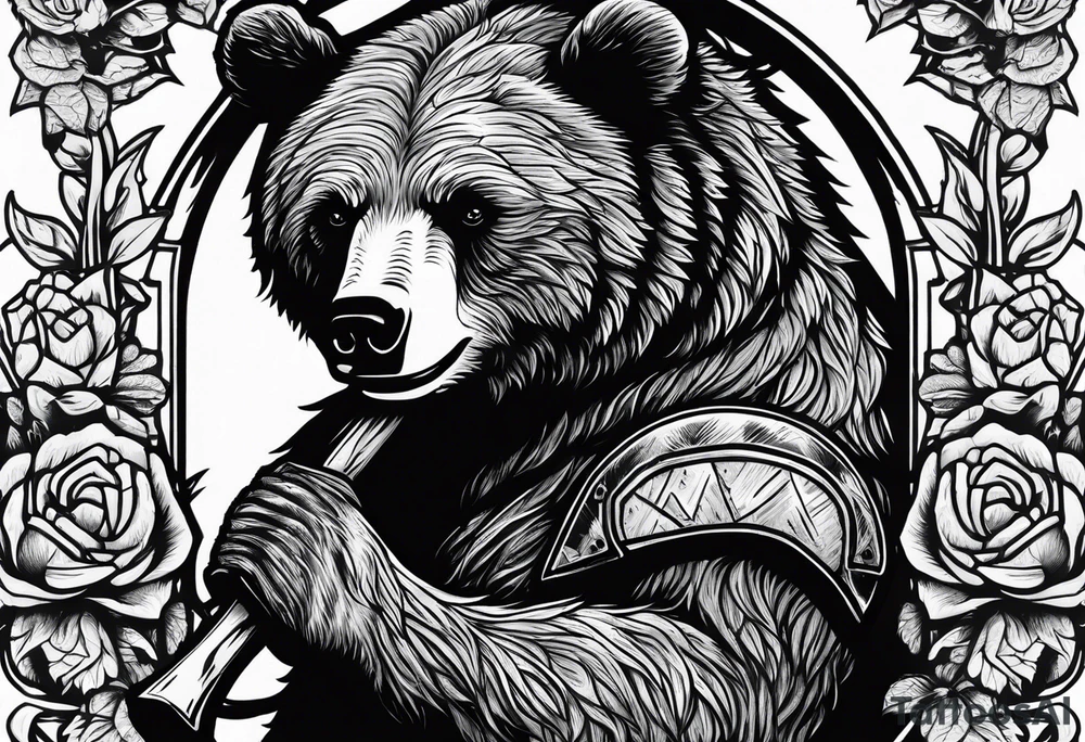 Vertically split half teddy bear and half grizzly bear holding a wooden axe tattoo idea