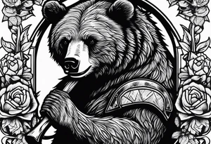 Vertically split half teddy bear and half grizzly bear holding a wooden axe tattoo idea