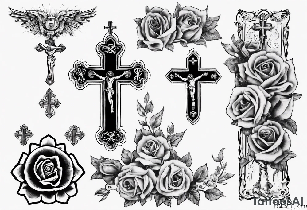 men’s arm sleeve, rosary, the name Peters, 1997, cross tattoo idea