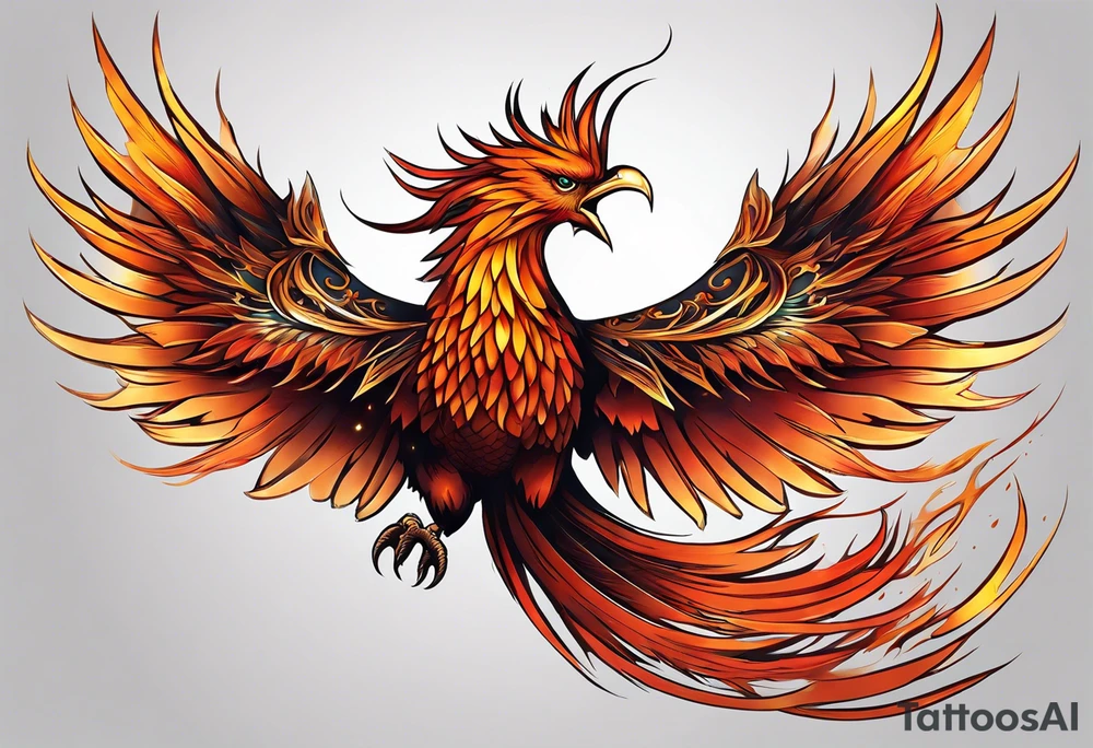 Tattoo: A powerful, majestic phoenix, depicted mid-flight or rising, with wings extended and feathers flowing. Deep shading and intricate details to bring out the texture and motion of the feathers. tattoo idea