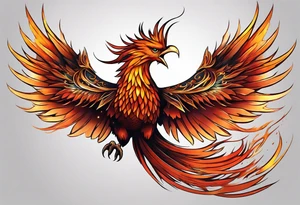 Tattoo: A powerful, majestic phoenix, depicted mid-flight or rising, with wings extended and feathers flowing. Deep shading and intricate details to bring out the texture and motion of the feathers. tattoo idea