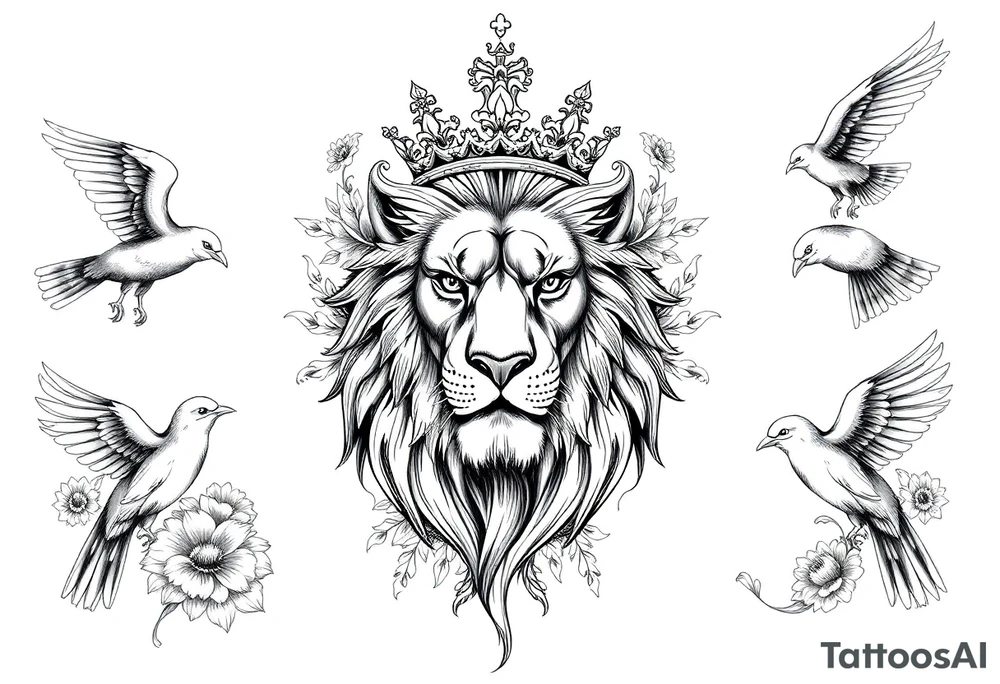powerful majestic lion with a crown, surrounded by floral ornaments and birds tattoo idea