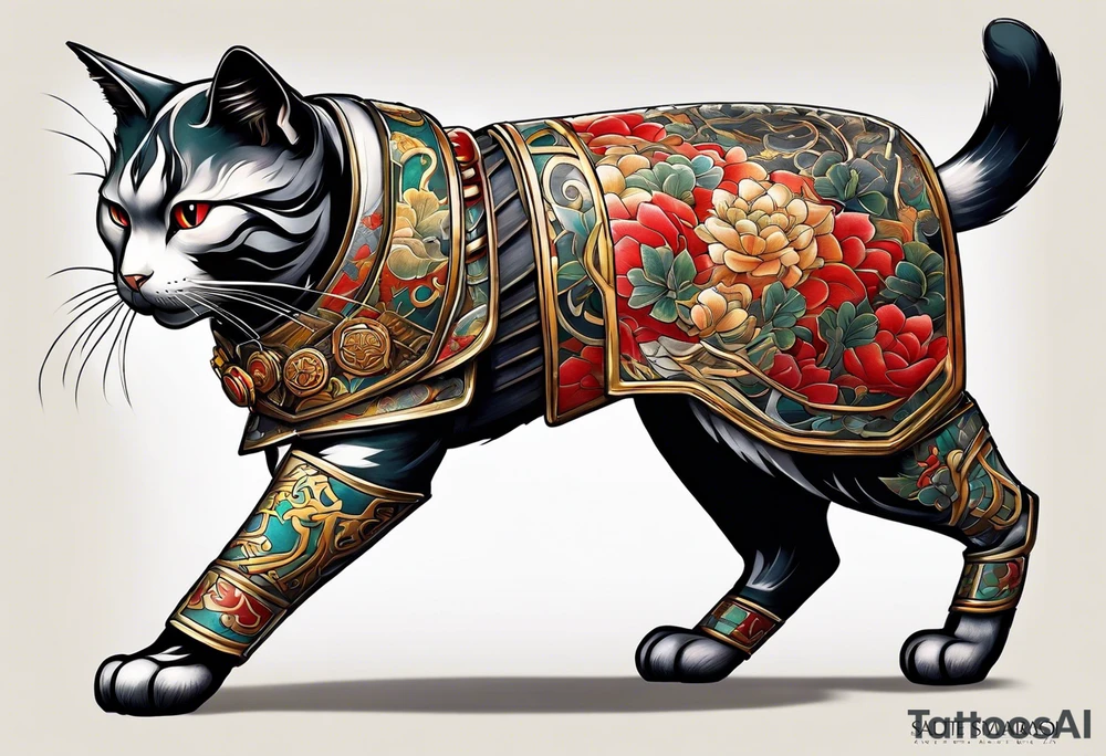 Full body of a cat in samurai armor tattoo idea