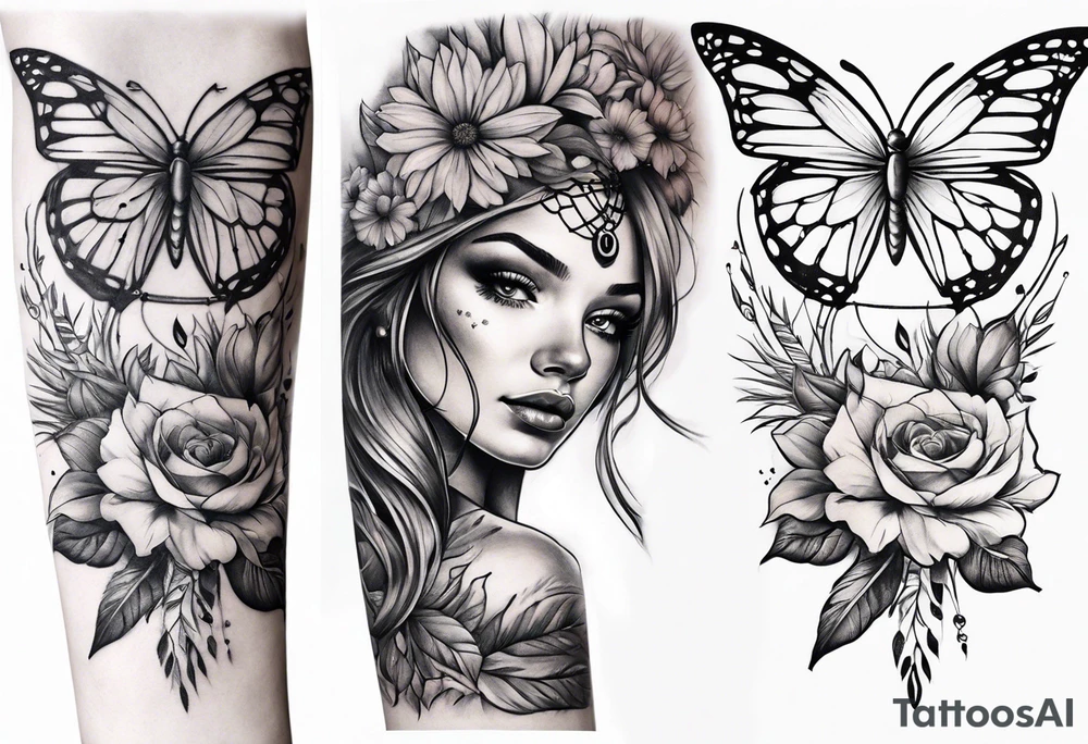 arm sleeve with dreamcatcher, rainbow flowers and one butterfly tattoo idea