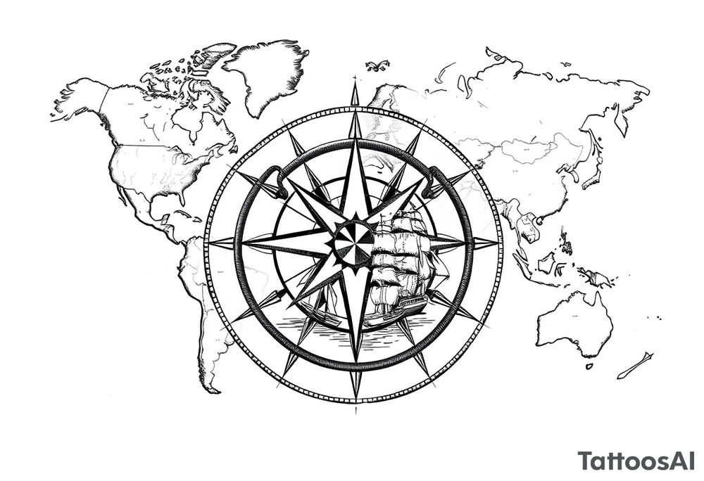 antique compass rose overlaid on weathered world map with sailing ships tattoo idea