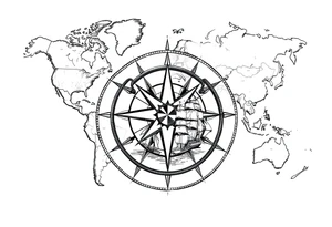 antique compass rose overlaid on weathered world map with sailing ships tattoo idea