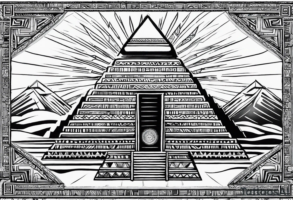 aztec sun background with pyramid in front with two aztec warrios on the left and right side of pyramid tattoo idea