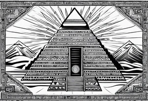 aztec sun background with pyramid in front with two aztec warrios on the left and right side of pyramid tattoo idea