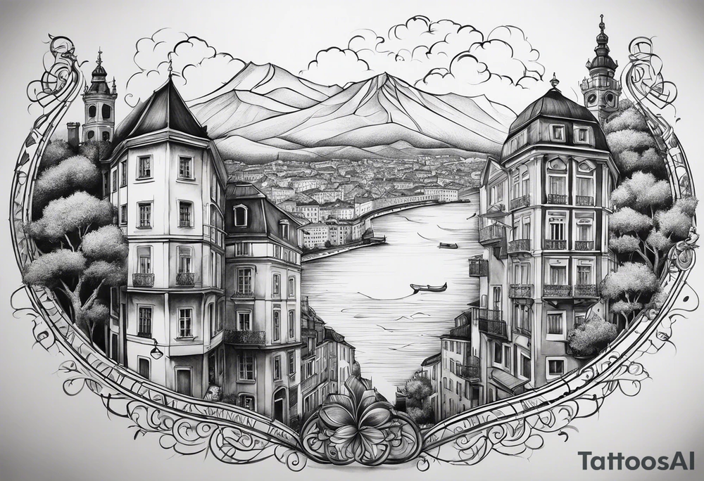 Create a tattoo design that symbolizes the connection between a family spread across Lisbon and Deggendorf. Incorporate the names, elements representing both countries, linked by a path or journey motif. The design should evoke feelings of unity, distance, and the bond of family. tattoo idea