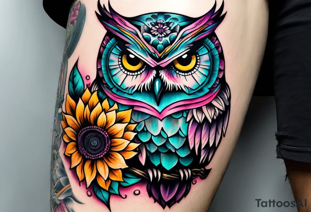 Leg Sleeve with black and white owl that's lightly shaded teal, pink and purple and yellow sunflowers tattoo idea