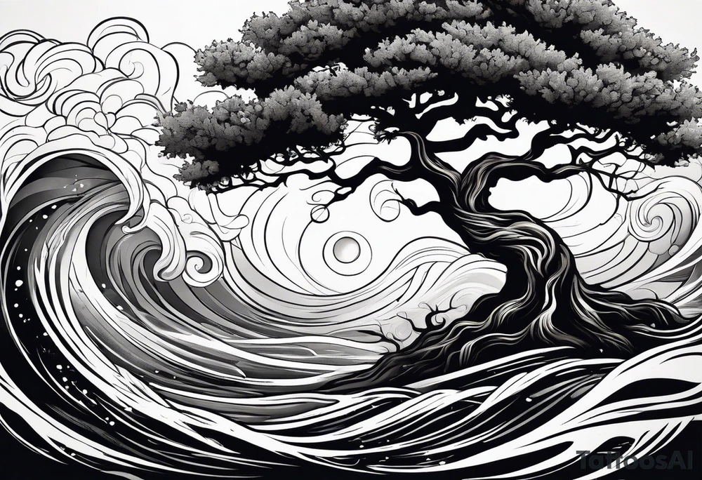 oak tree with phoenix  and roots growing around calming waves for forearm tattoo idea